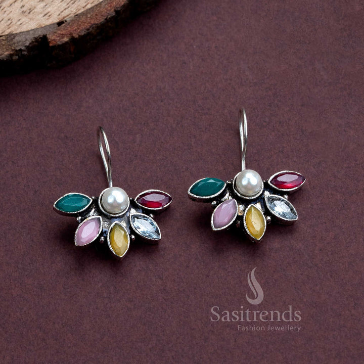 Vibrant multi-tone oxidised fish hook earrings with pearl danglings and AD stones – stylish fusion jewellery for women who love colour and elegance – Sasitrends
