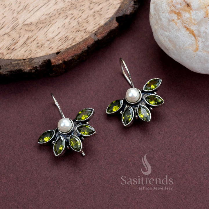 Pure pear finished oxidised fish hook earrings with sparkling AD stones – elegant jewellery option for classy office and festive moments – Sasitrends
