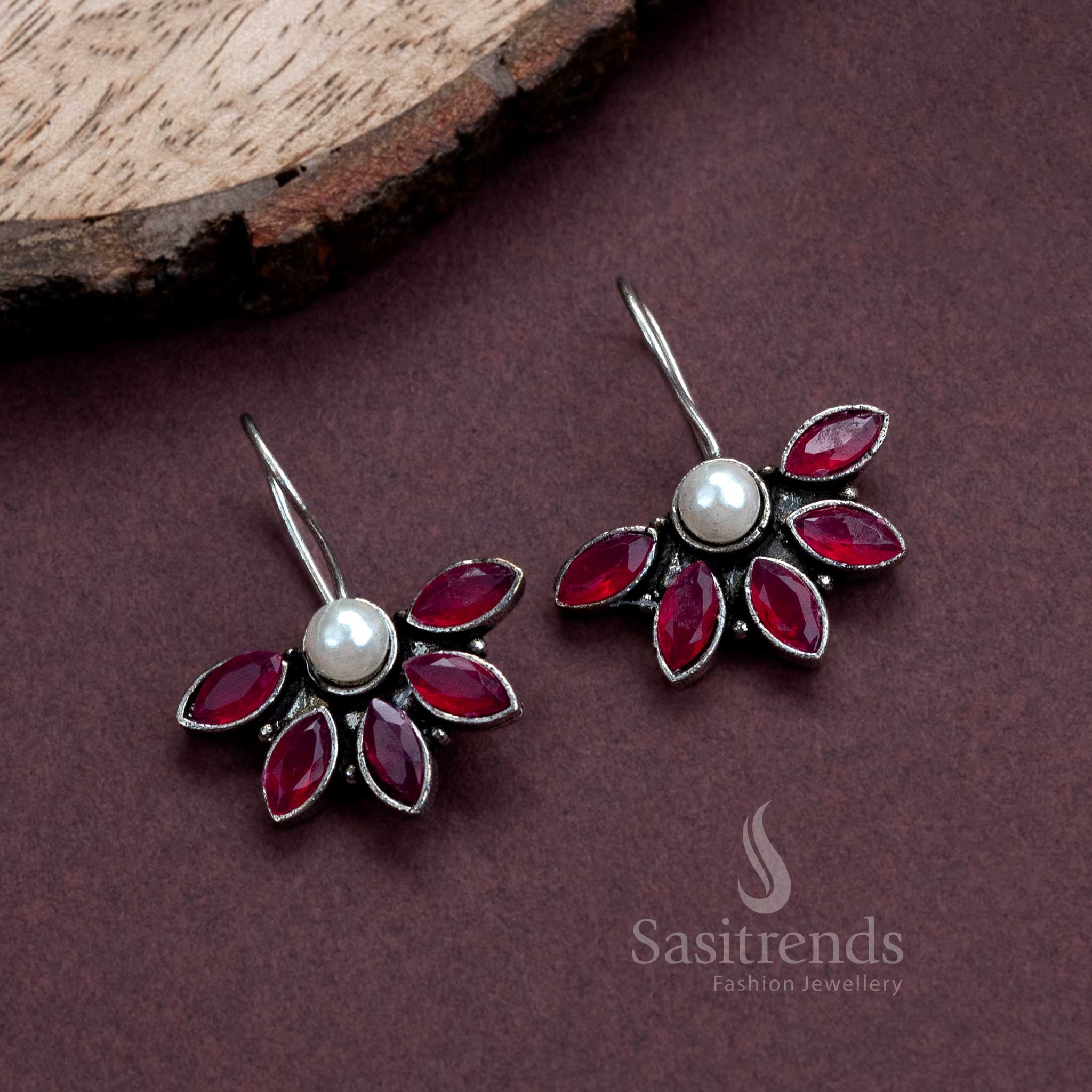 Radiant ruby-toned oxidised silver earrings with delicate pearl and AD stone embellishments – versatile office wear jewellery for elegant feminine style – Sasitrends