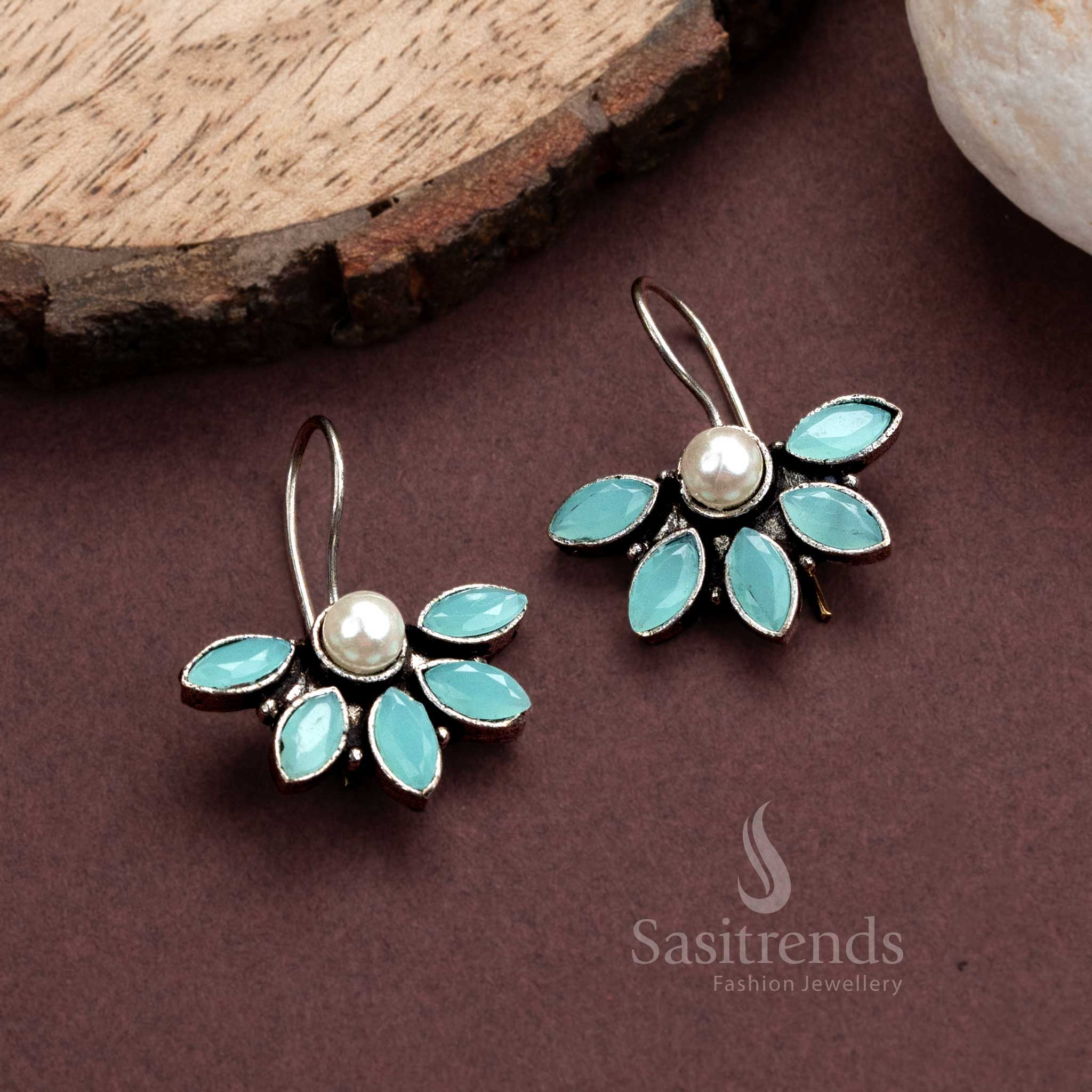 Cool mint green oxidised silver fish hook earrings with elegant pearl and stone embeds – refreshing look for daily wear jewellery – Sasitrends
