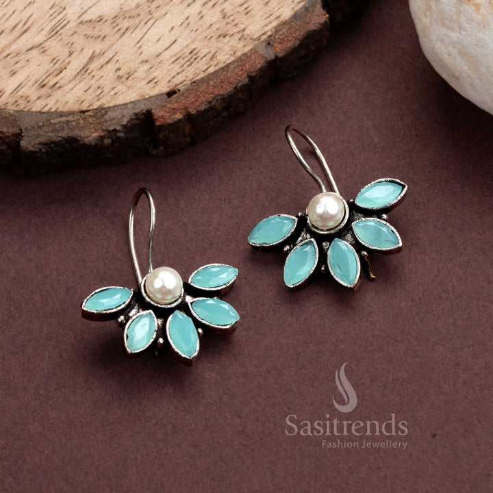 Cool mint green oxidised silver fish hook earrings with elegant pearl and stone embeds – refreshing look for daily wear jewellery – Sasitrends