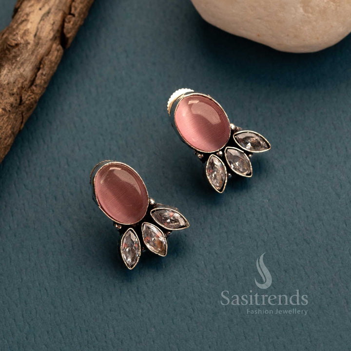 Graceful pink oxidised studs with Monalisa stones and stylish AD work – perfect festive and semi-formal women’s jewellery – Sasitrends