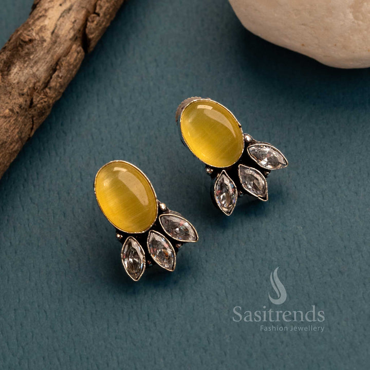 Sunny yellow Monalisa stone oxidised studs with sparkling AD details – ethnic fashion jewellery designed for joyful celebrations – Sasitrends

