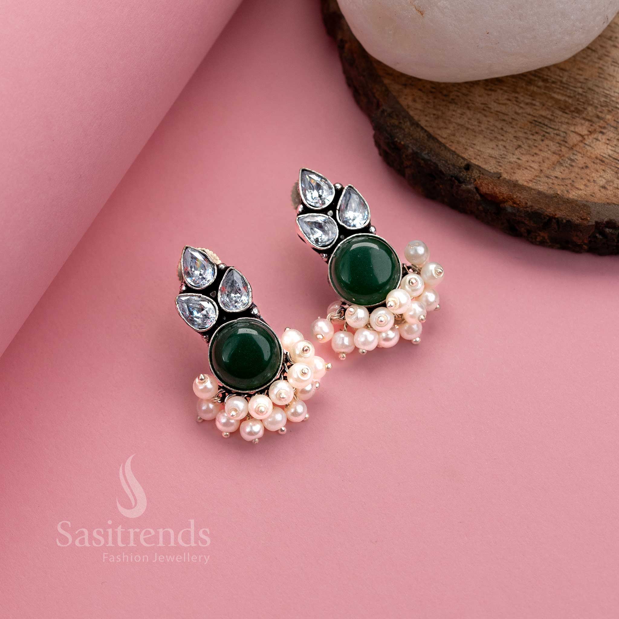 Emerald dark green oxidised silver earrings with Monalisa gemstone and sparkling AD touch, finished with pearls – premium jewellery by Sasitrends