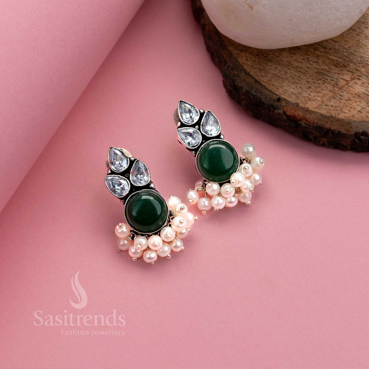Emerald dark green oxidised silver earrings with Monalisa gemstone and sparkling AD touch, finished with pearls – premium jewellery by Sasitrends