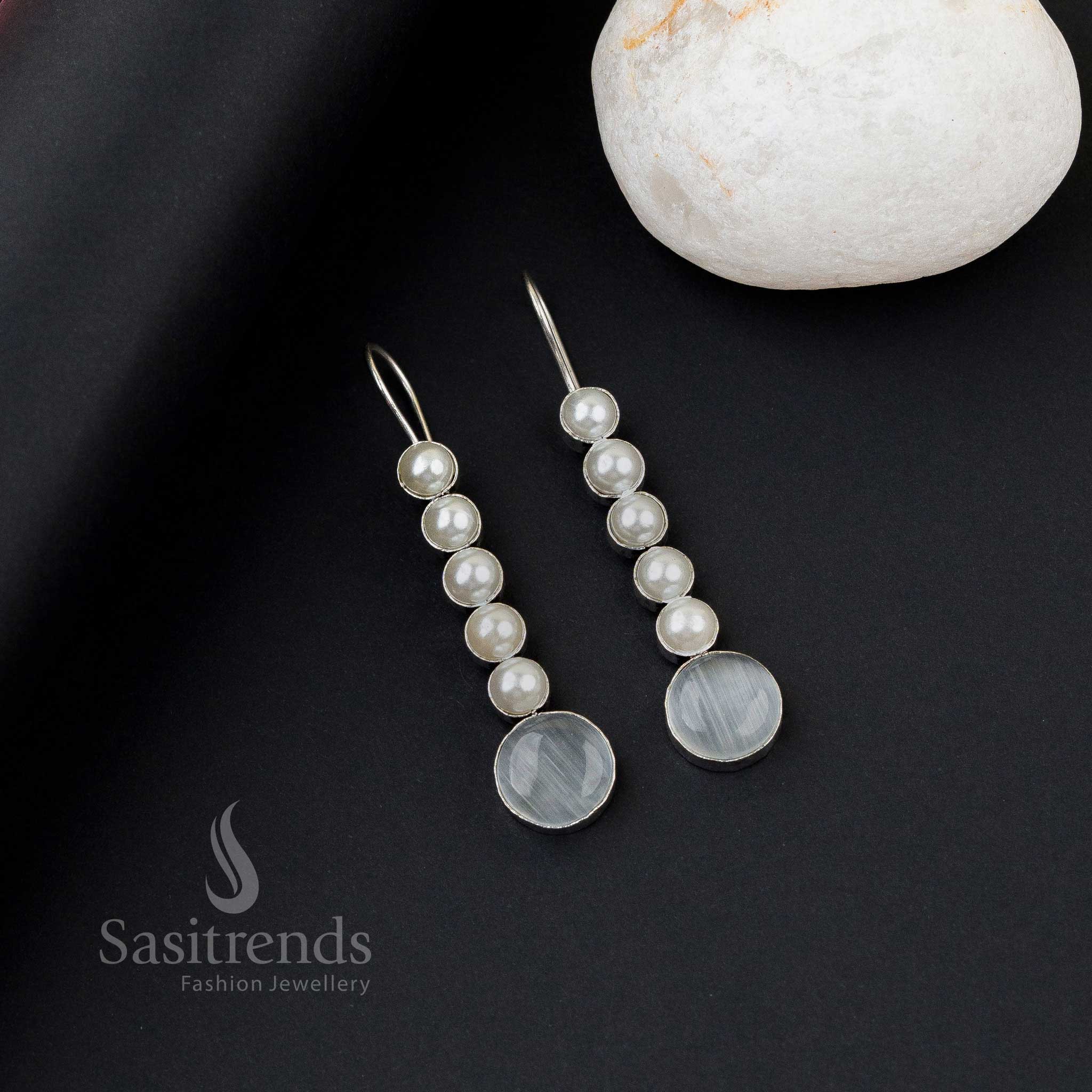 Bold white oxidised silver earrings with five pearl line, Monalisa stones and captivating stone flair – perfect office wear jewellery by Sasitrends