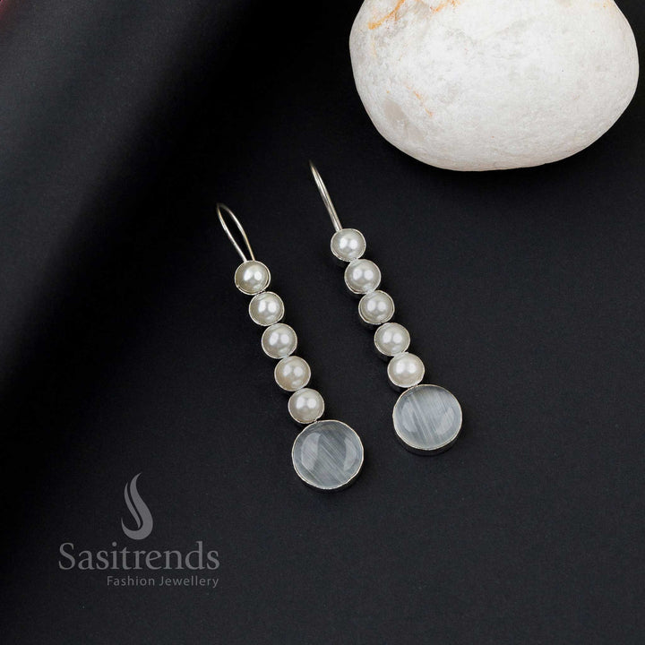 Bold white oxidised silver earrings with five pearl line, Monalisa stones and captivating stone flair – perfect office wear jewellery by Sasitrends
