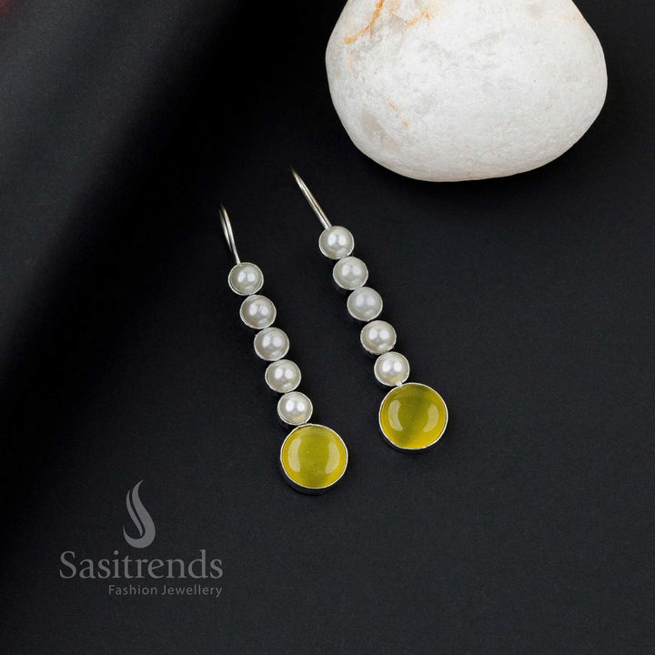 Stylish yellow oxidised silver earrings with five pearl line, Monalisa stones and bold cluster flair – perfect festive-office wear jewellery by Sasitrends