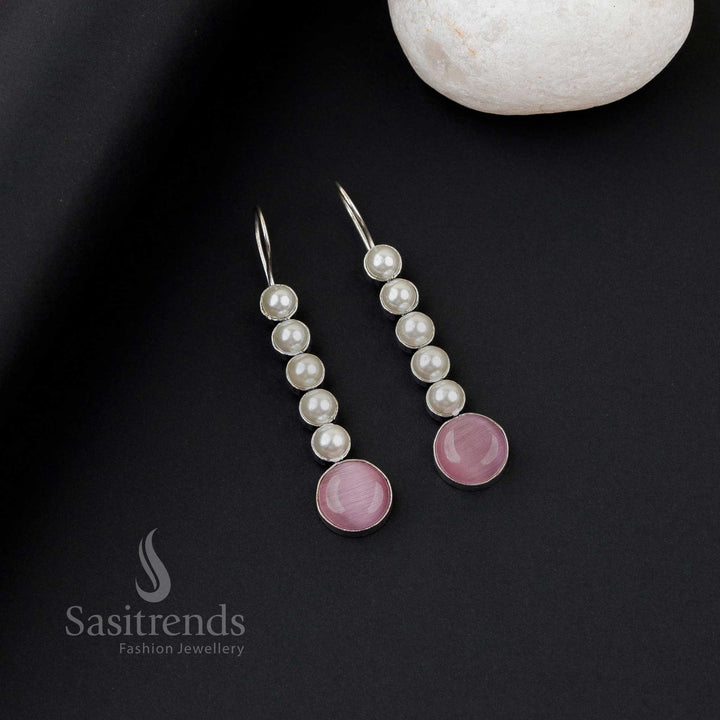 Soft pink oxidised silver earrings with five pearl line, Monalisa stones and lustrous drape touch – graceful workwear jewellery by Sasitrends