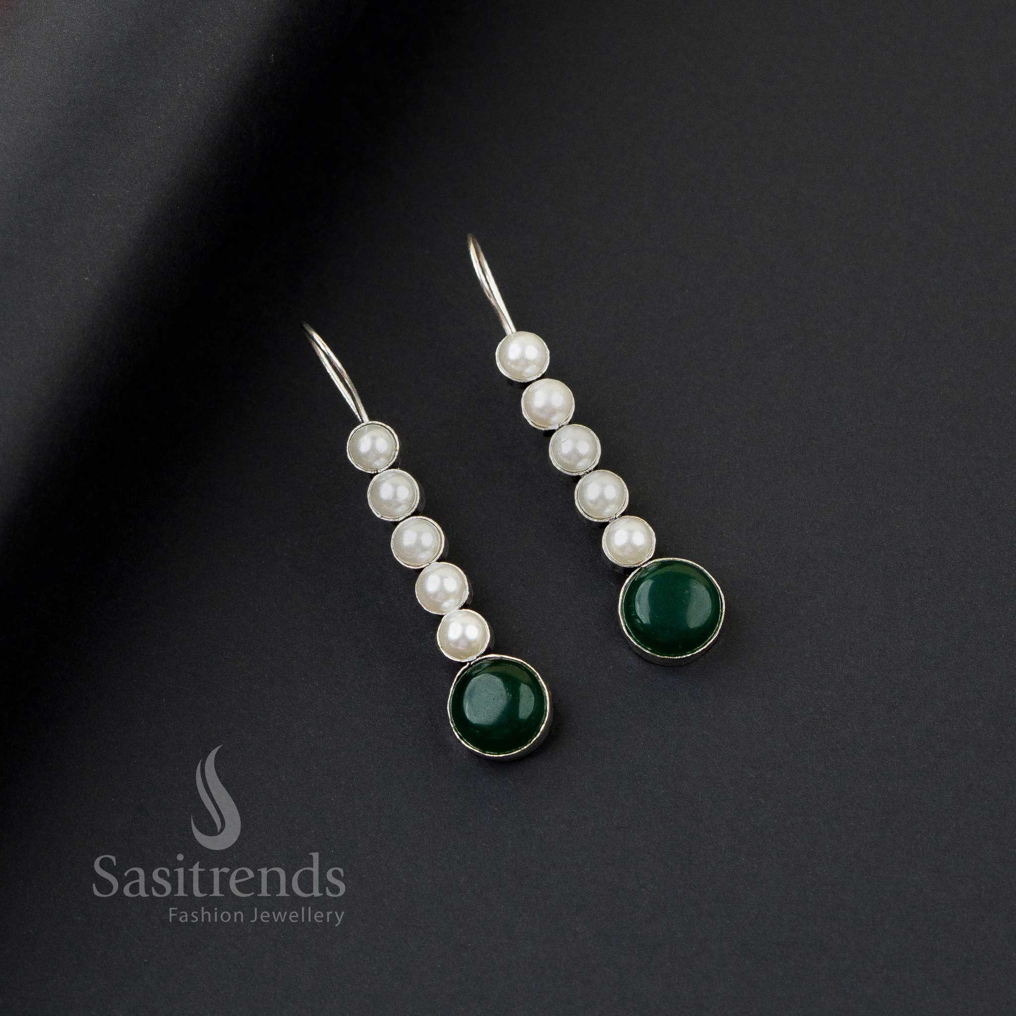 Elegant dark-green oxidised silver earrings with five pearl line, Monalisa stones and striking flair drop – stunning formal jewellery by Sasitrends