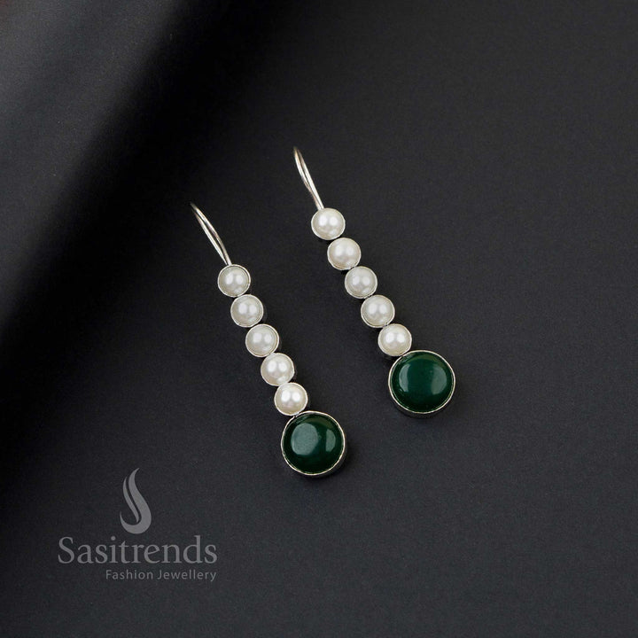 Elegant dark-green oxidised silver earrings with five pearl line, Monalisa stones and striking flair drop – stunning formal jewellery by Sasitrends