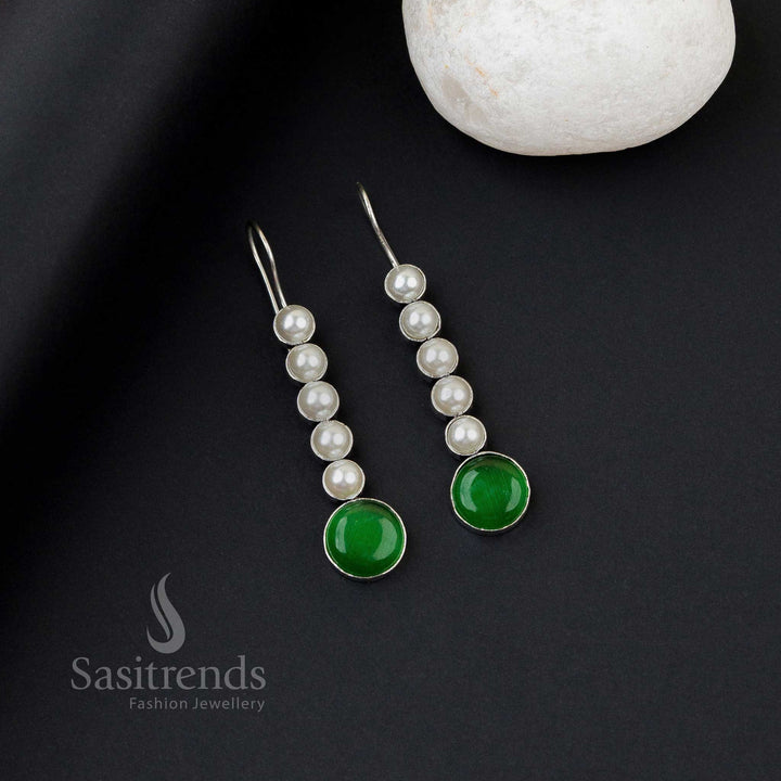 Chic light-green oxidised silver earrings with five pearl line, Monalisa stones and glamorous design drape – elegant professional jewellery by Sasitrends