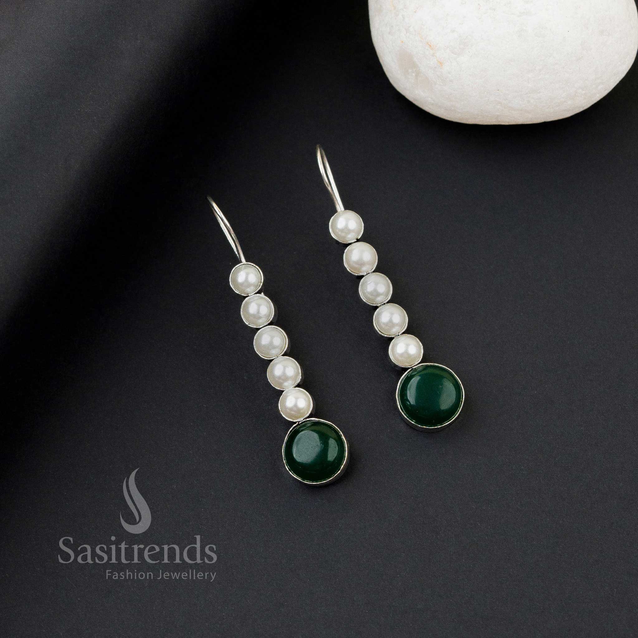Classic dark-green oxidised silver earrings with five pearl line, Monalisa stones and lively twist accent – festive-office fusion jewellery by Sasitrends