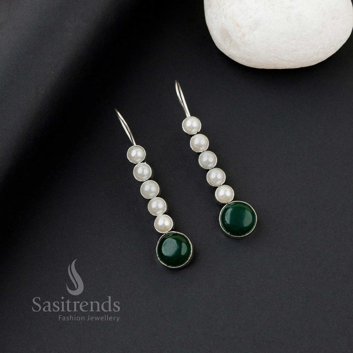 Classic dark-green oxidised silver earrings with five pearl line, Monalisa stones and lively twist accent – festive-office fusion jewellery by Sasitrends