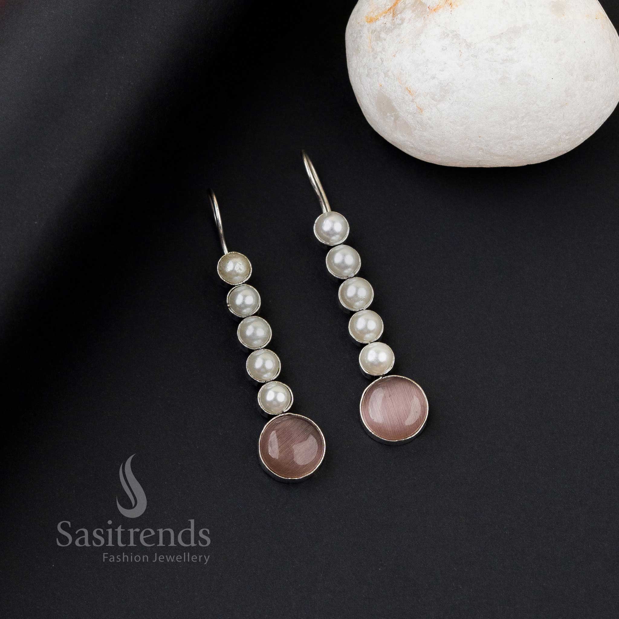 Sophisticated peach oxidised silver earrings with five pearl line, Monalisa stones and regal gleam style – formal wear jewellery by Sasitrends