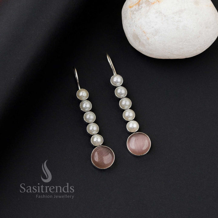 Sophisticated peach oxidised silver earrings with five pearl line, Monalisa stones and regal gleam style – formal wear jewellery by Sasitrends