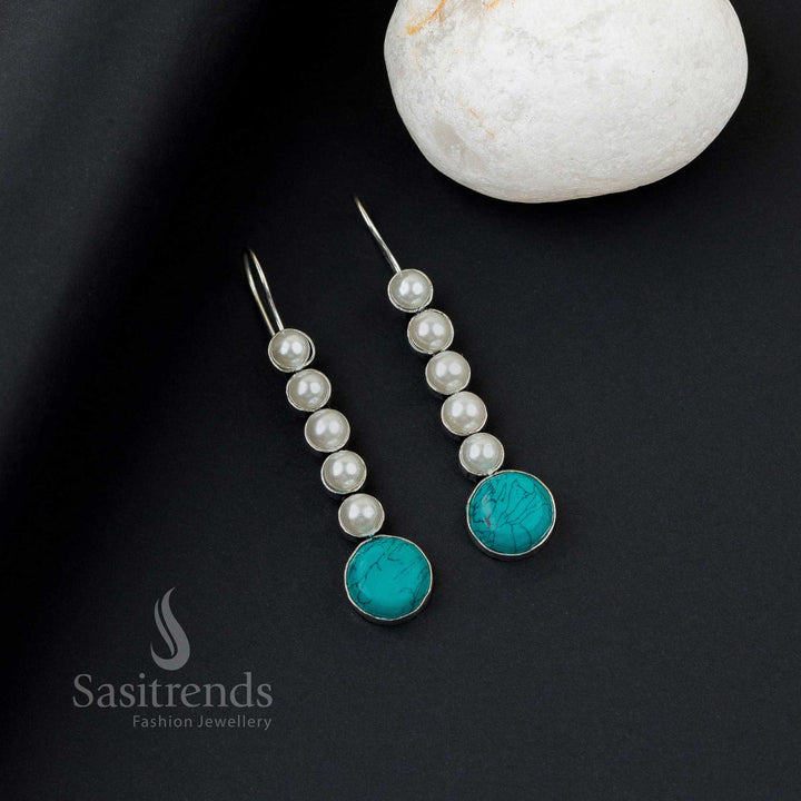 Vibrant turquoise oxidised silver earrings with five pearl line, Monalisa stones and dreamy accent gleam – bright everyday wear jewellery by Sasitrends
