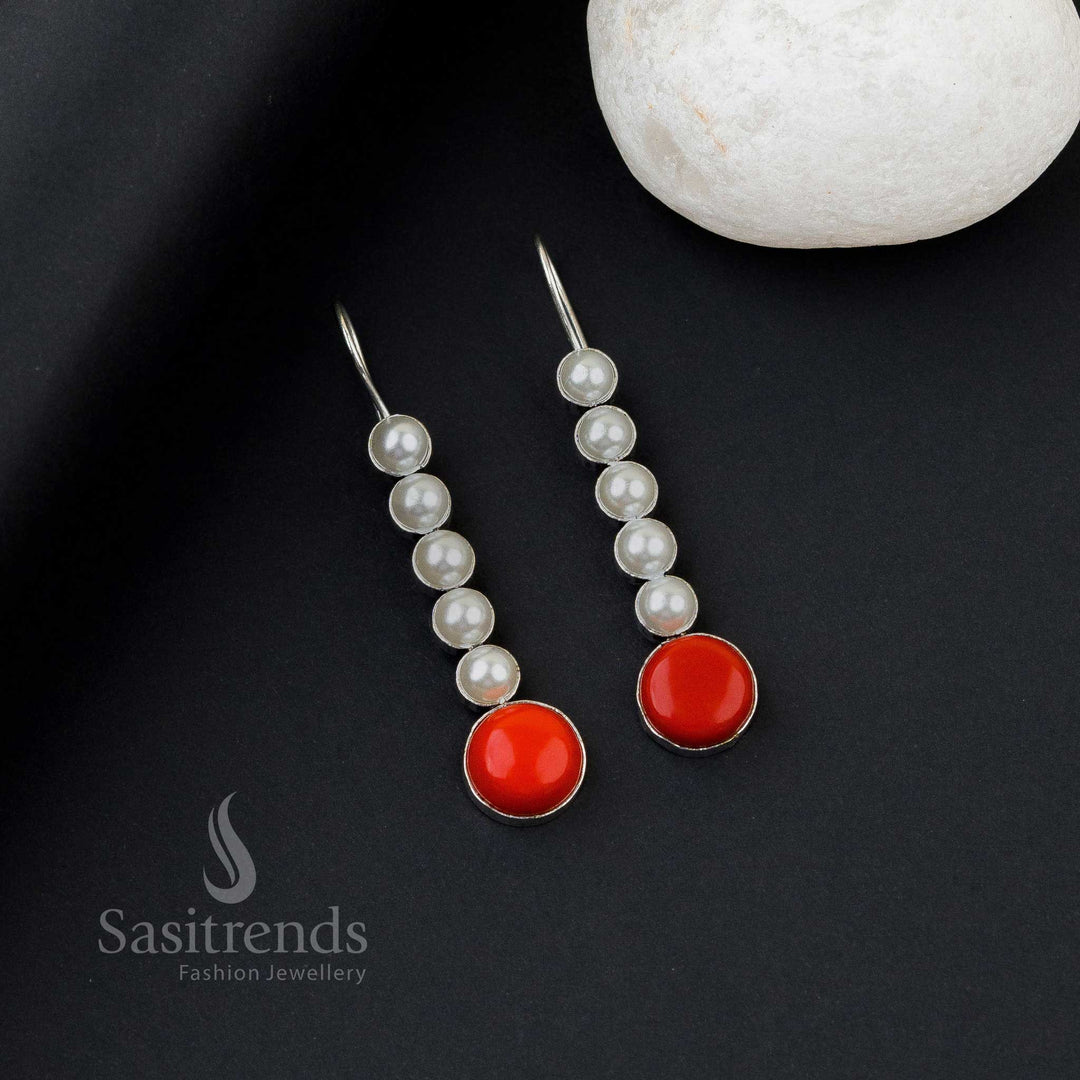 Radiant red oxidised silver earrings with five pearl line, Monalisa stones and delicate gleam cluster – statement office wear jewellery by Sasitrends