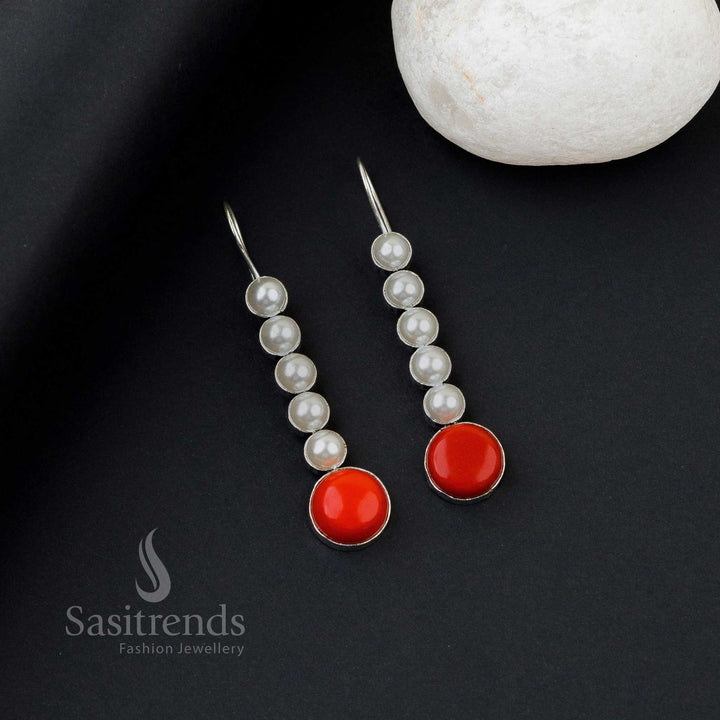 Sasitrends | Oxidised Silver Five Pearl Line with Monalisa Stones Earrings for Women - Trendy Office Wear Collection