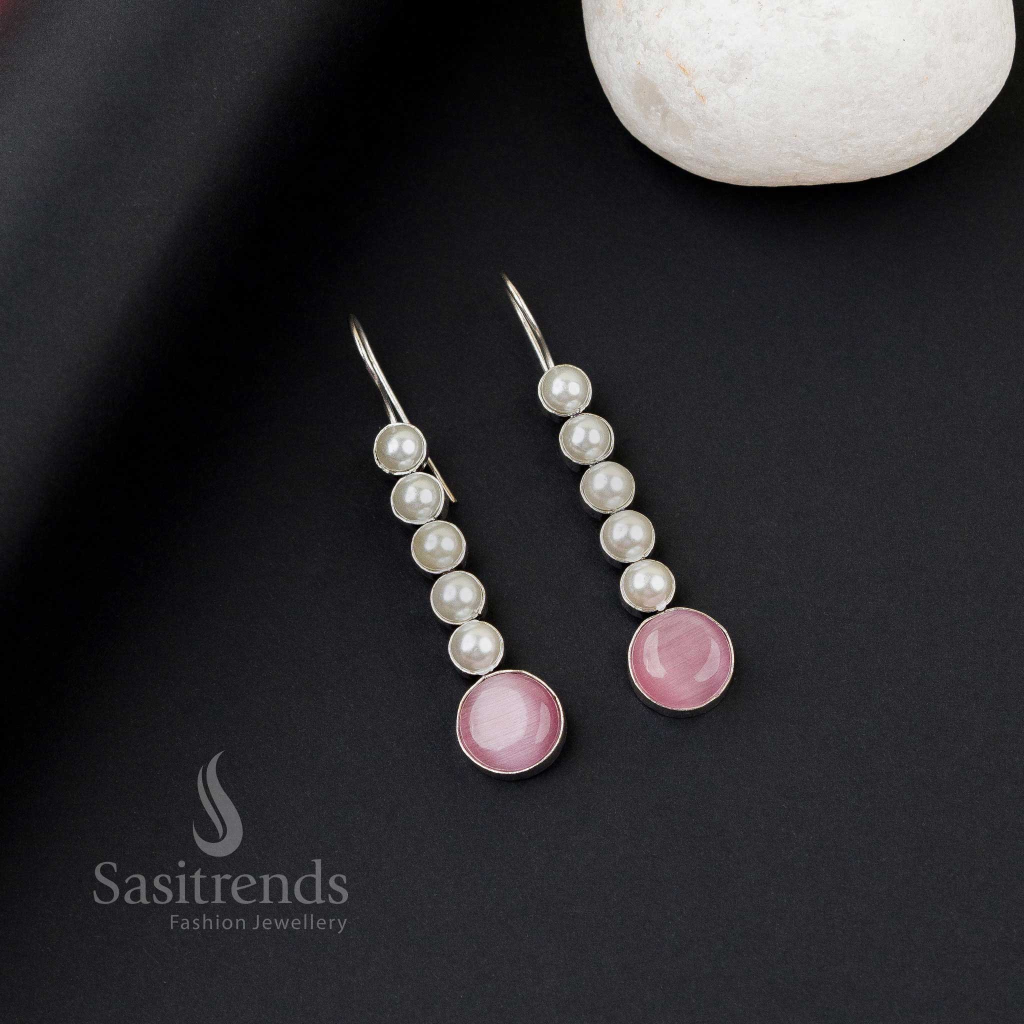 Captivating pink oxidised silver earrings with five pearl line, Monalisa stones and dreamy drape wave – perfect office wear jewellery by Sasitrends