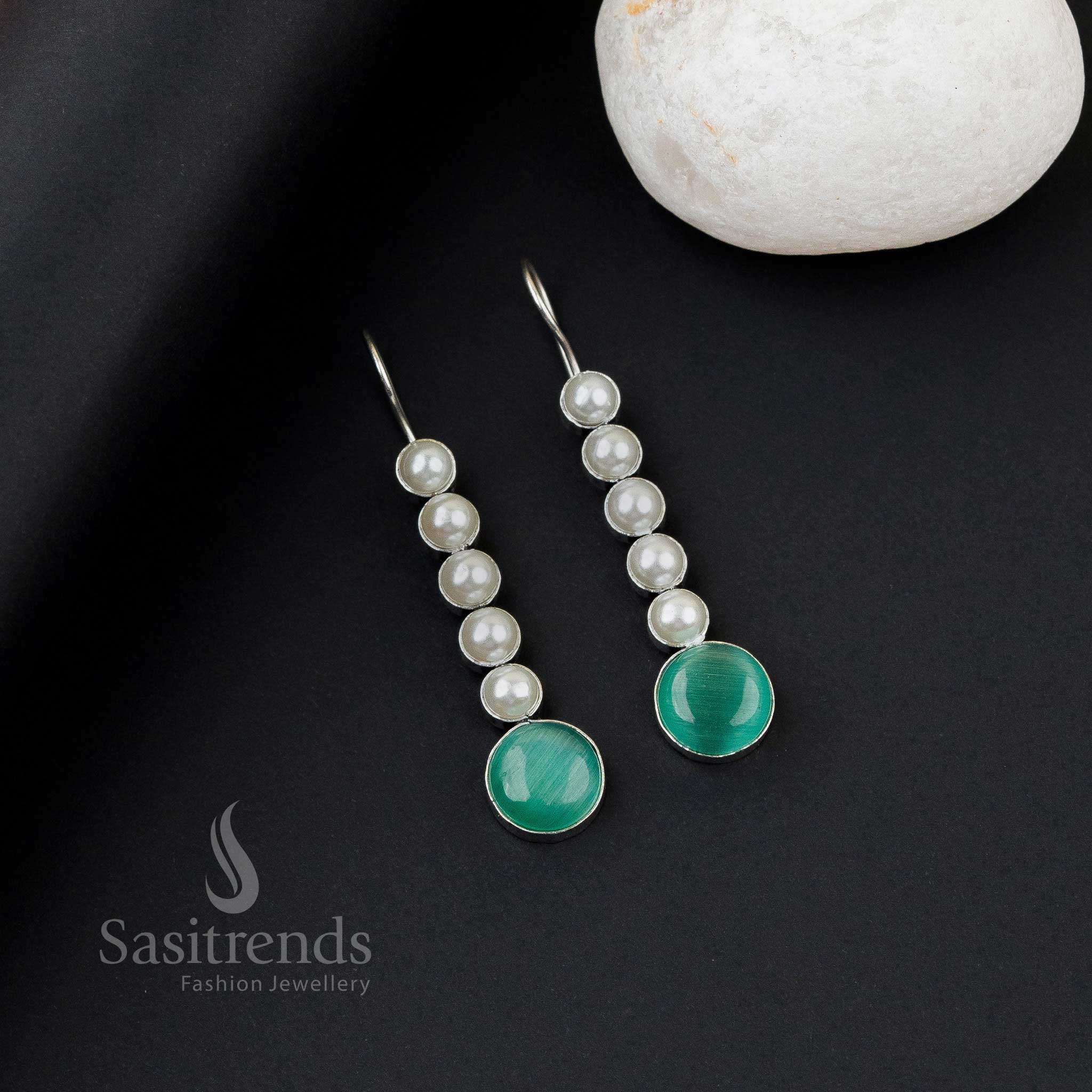 Lustrous mint oxidised silver earrings with five pearl line, Monalisa stones and striking wave drop – perfect office wear jewellery by Sasitrends
