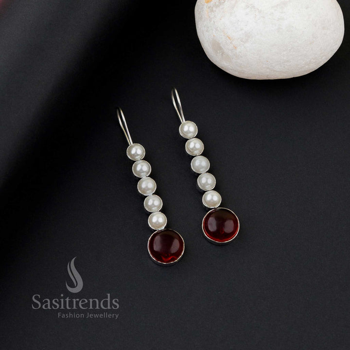 Chic vinous oxidised silver earrings with five pearl line, Monalisa stones and graceful wave touch – fashionable office jewellery by Sasitrends