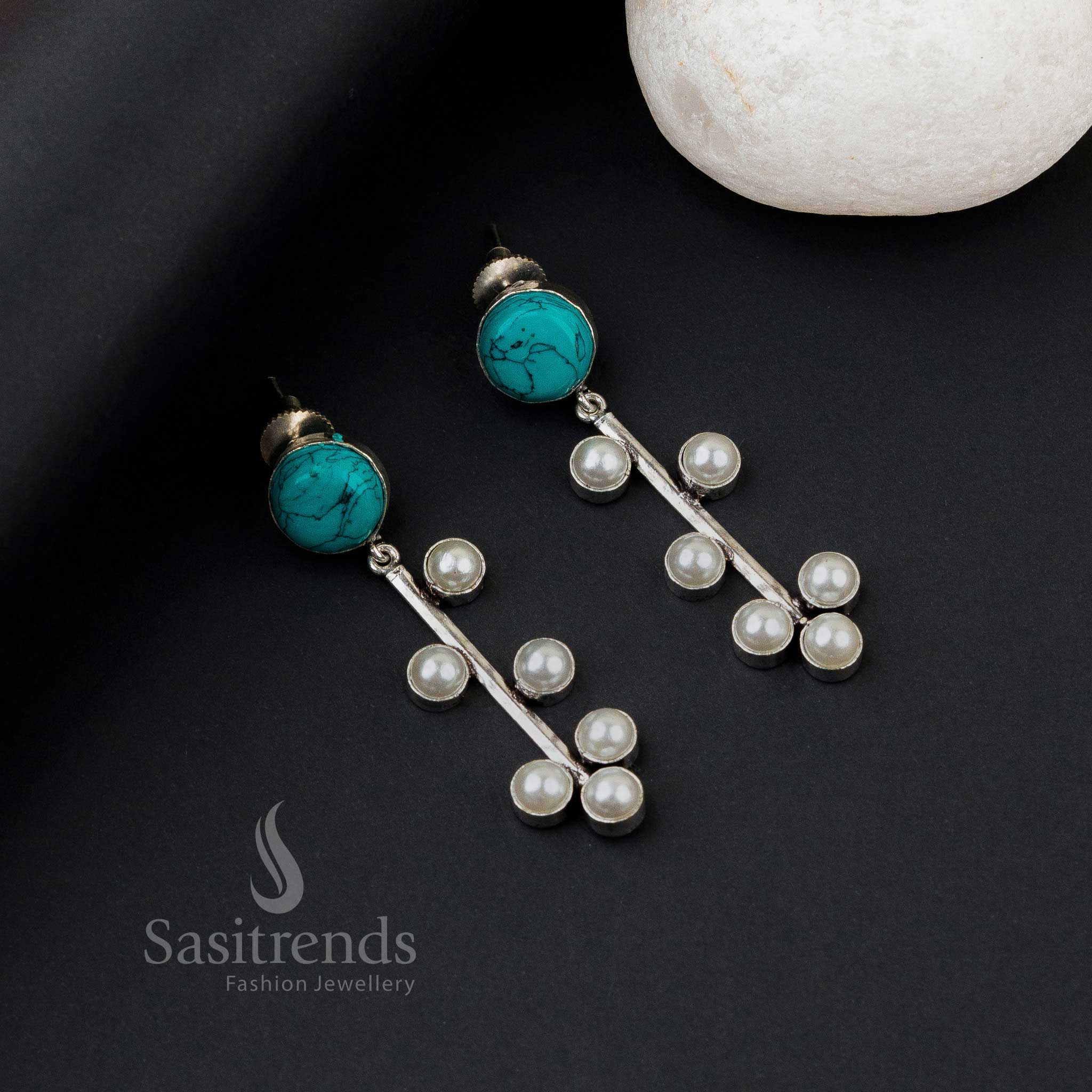 Bohemian Turquoise Oxidised Silver Earrings Featuring Mesmerising Monalisa Stones And Artisan Pearl Details – Creative Tribal Style Jewellery - Sasitrends