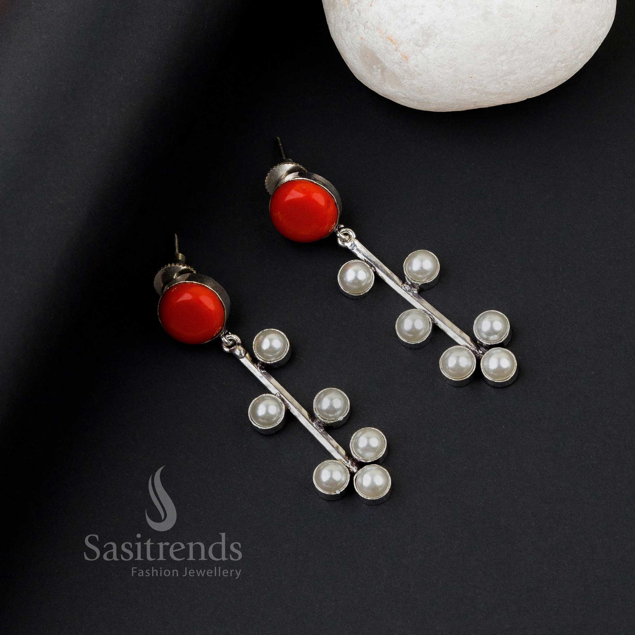 Bold Red Oxidised Silver Earrings With Sparkling Monalisa Stones And Refined Pearl Embellishments – An Ethnic Charm For Festive Wear Jewellery - Sasitrends