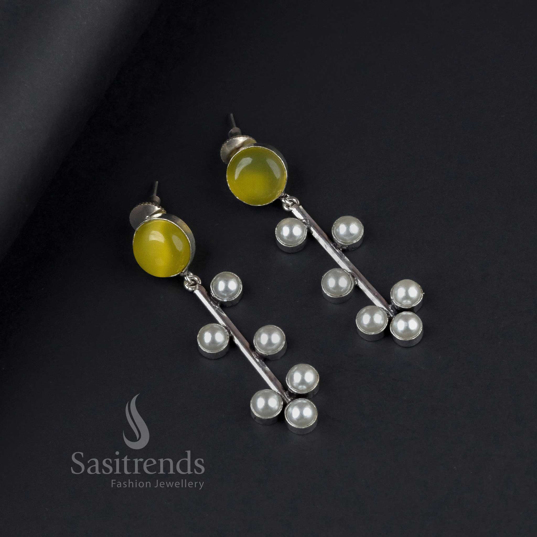 Cheerful Yellow Oxidised Silver Earrings With Monalisa Stones And Flowing Pearl Drops – A Vibrant Touch Of Fashion Jewellery - Sasitrends