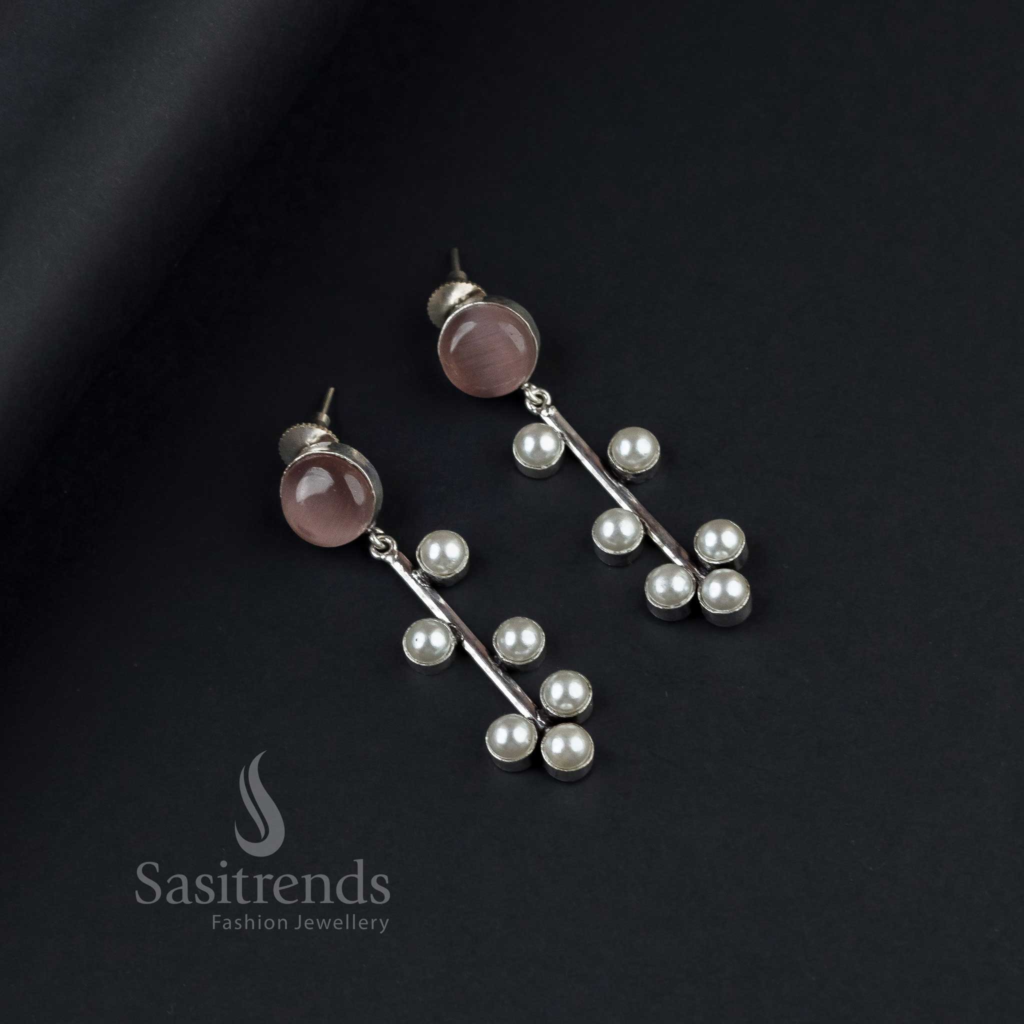 Delicate Peach Oxidised Silver Earrings With Glittering Monalisa Stones And Lustrous Pearls – An Elegant Choice For Casual Looks - Sasitrends