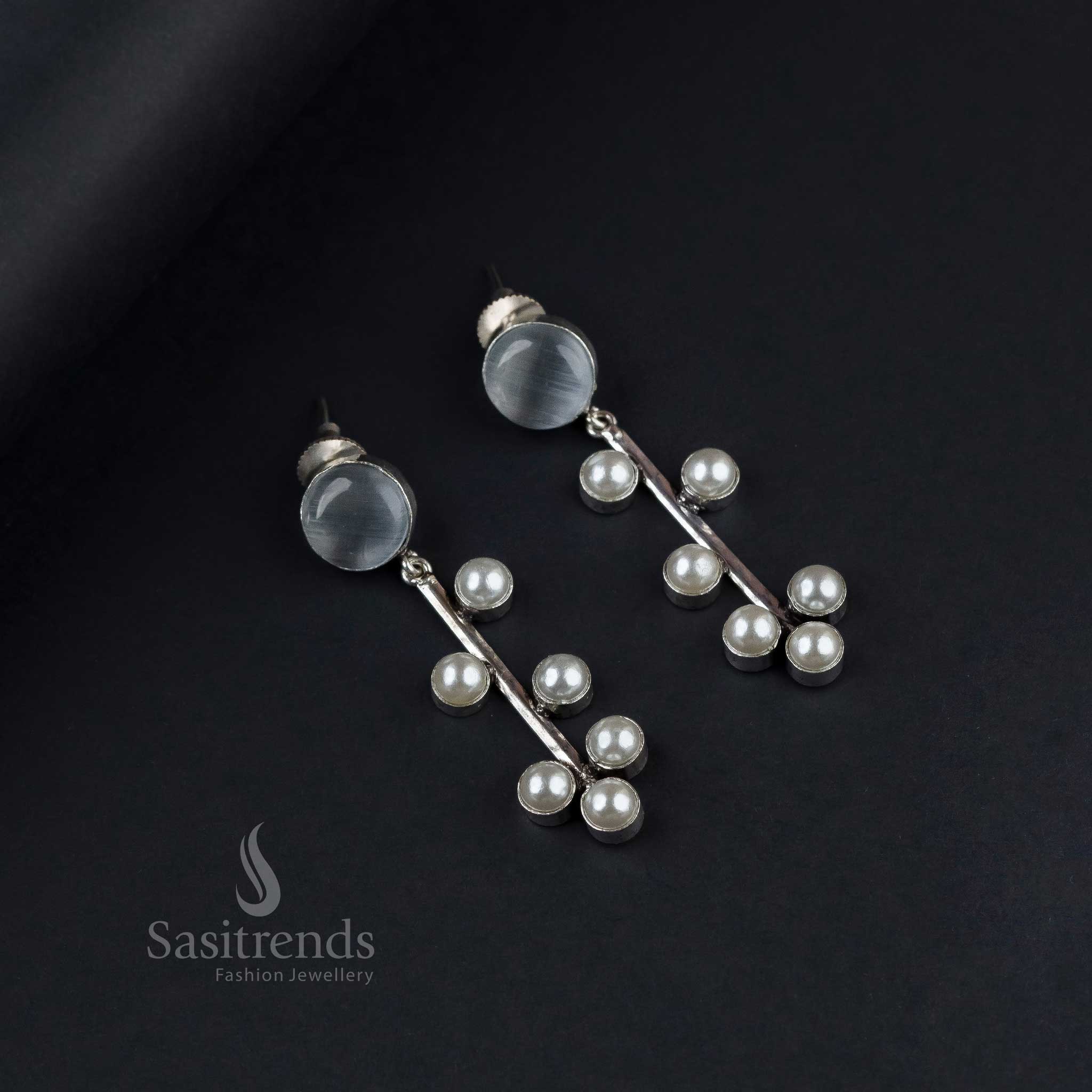 Elegant White Oxidised Silver Earrings Featuring Shimmery Monalisa Stones And Delicate Pearls – Artisan Crafted Statement Fashion Jewellery - Sasitrends