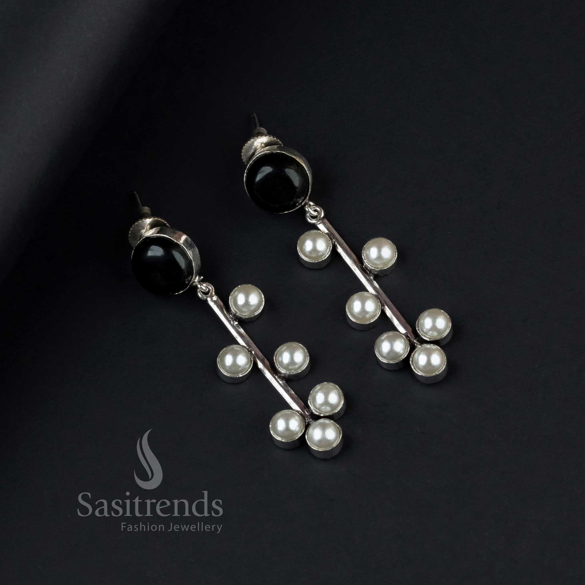Gorgeous Black Oxidised Silver Earrings With Monalisa Stones And Graceful Pearl Drops – A Classic Vintage Finish For Traditional Festive Jewellery - Sasitrends