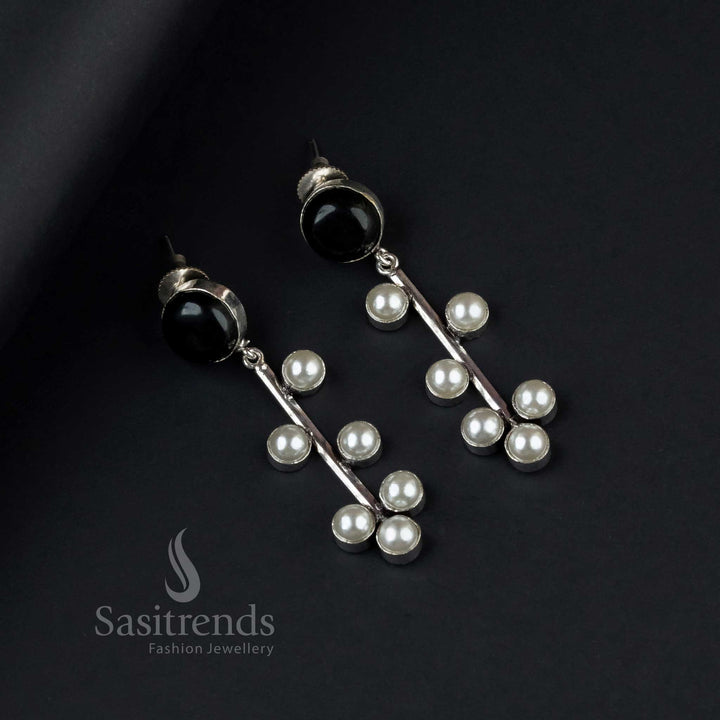 Gorgeous Black Oxidised Silver Earrings With Monalisa Stones And Graceful Pearl Drops – A Classic Vintage Finish For Traditional Festive Jewellery - Sasitrends