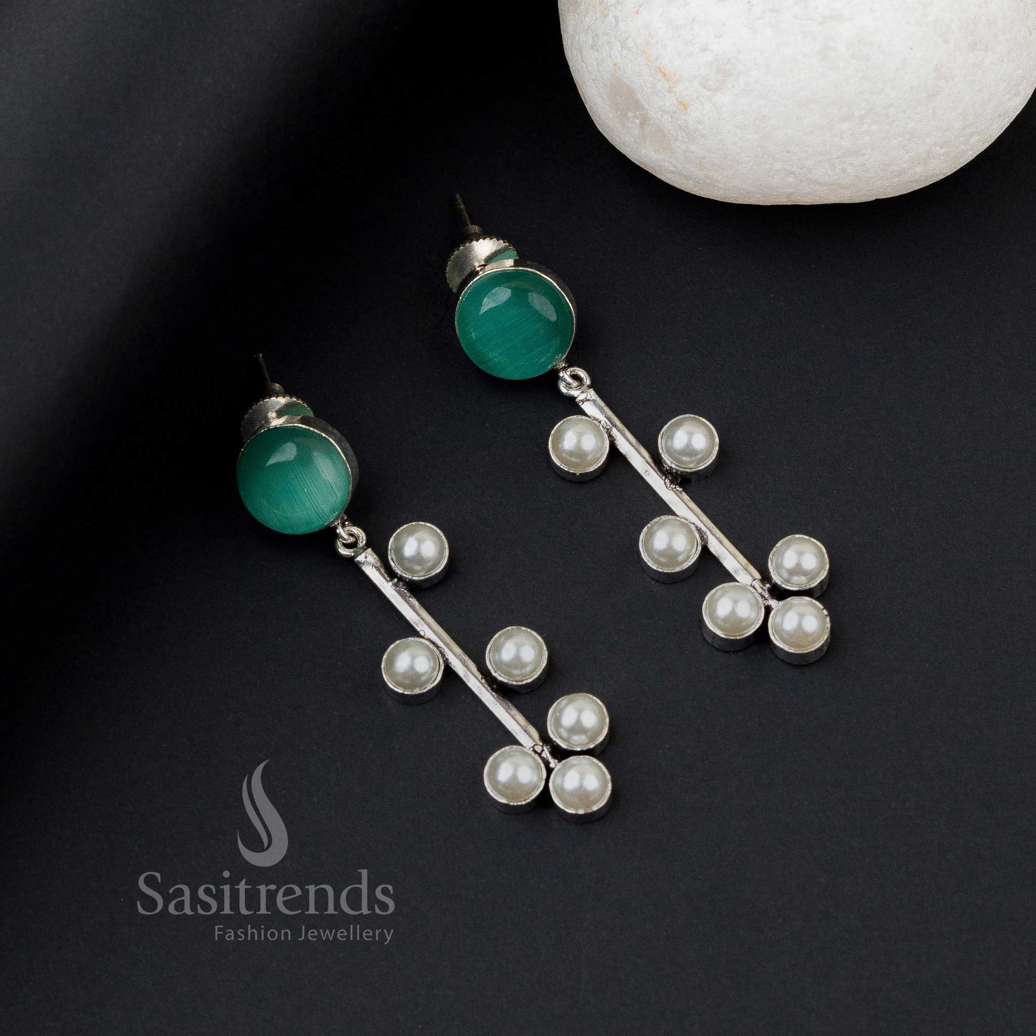 Graceful Mint Green Oxidised Silver Earrings Embellished With Pearl Hangings And Soft-Toned Monalisa Stones – A Fresh Trendy Jewellery Choice - Sasitrends