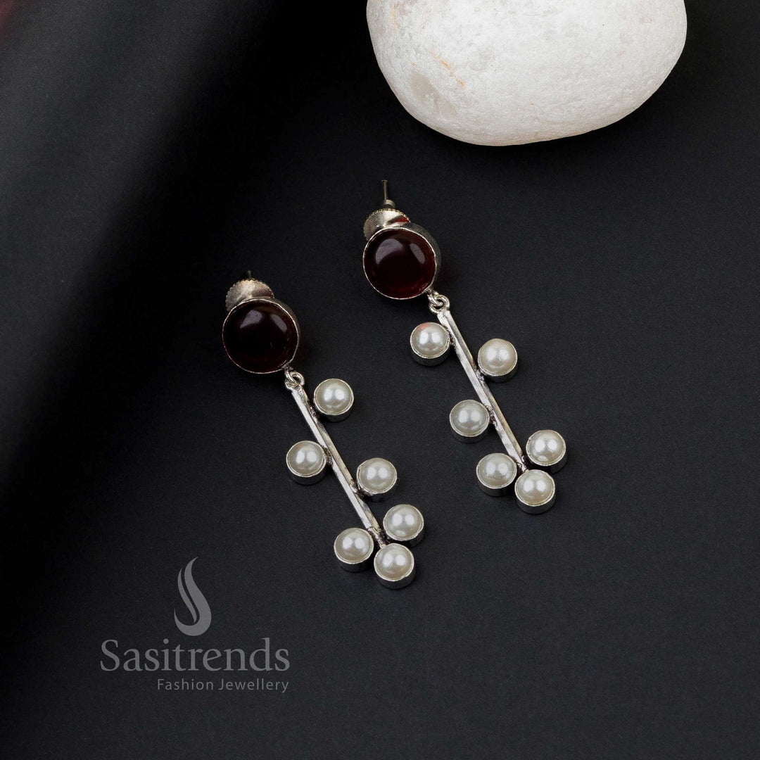 Royal Vinous Oxidised Silver Earrings With Pearl Hangings And Radiant Monalisa Stones – A Festive Traditional Look For Elegant Jewellery - Sasitrends