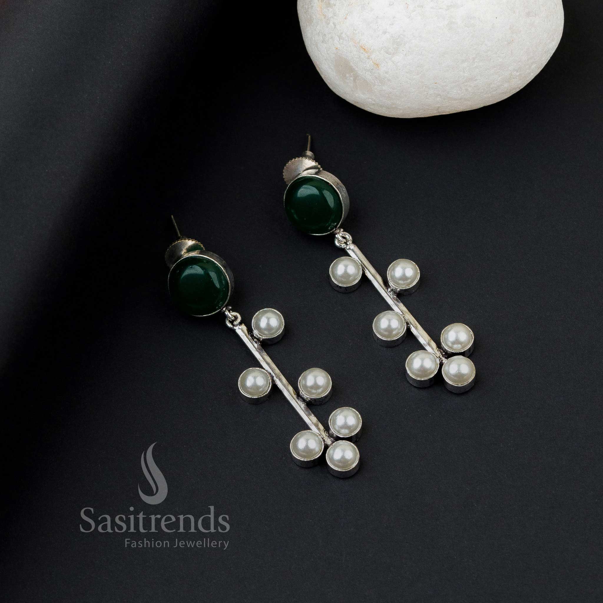 Majestic Dark Green Oxidised Silver Earrings Adorned With Glowing Monalisa Stones And Droplet Pearls – A Regal Touch Of Traditional Jewellery - Sasitrends