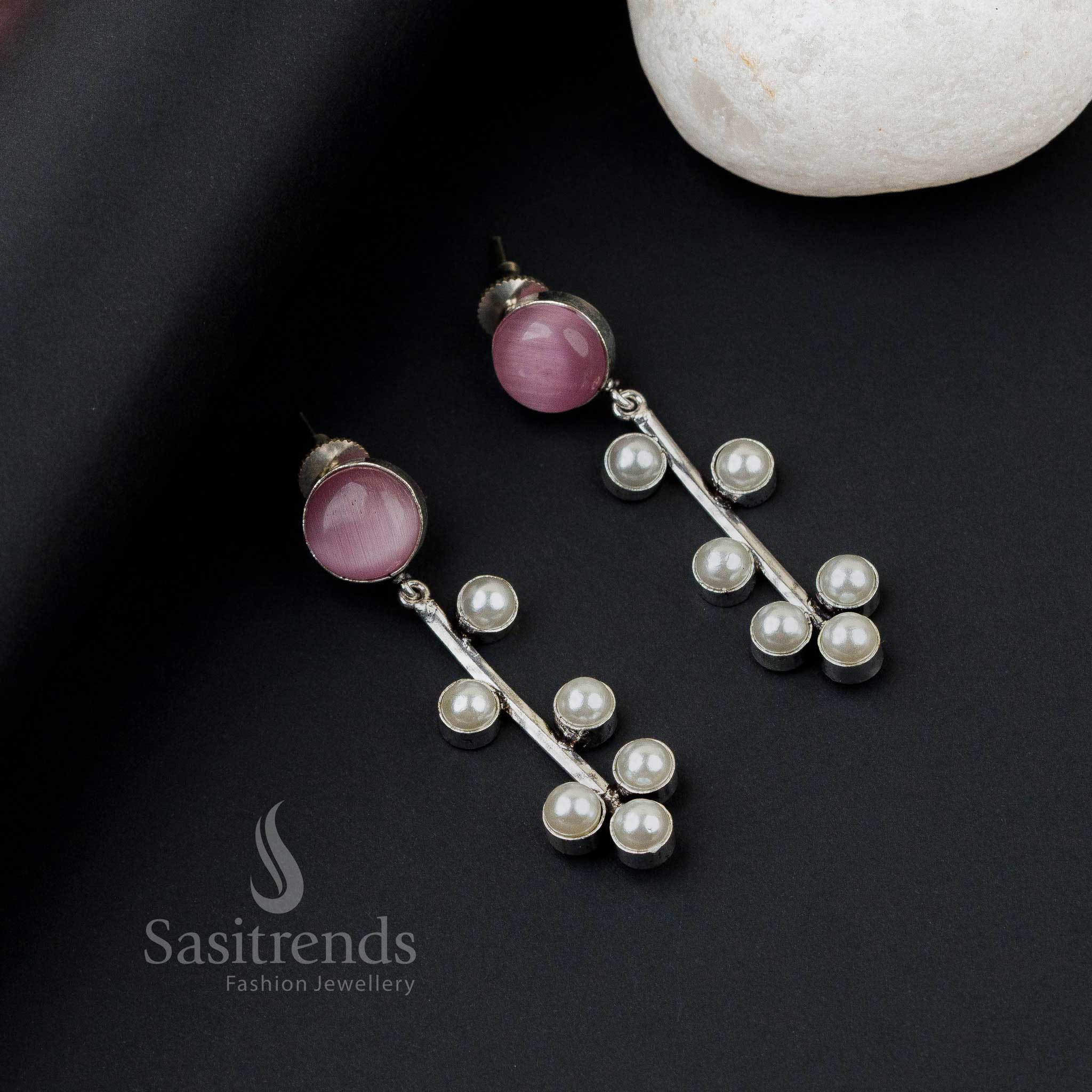 Radiant Pink Oxidised Silver Earrings With Pearl Drops And Shiny Monalisa Stones – A Delightful Fusion Wear Jewellery Piece - Sasitrends