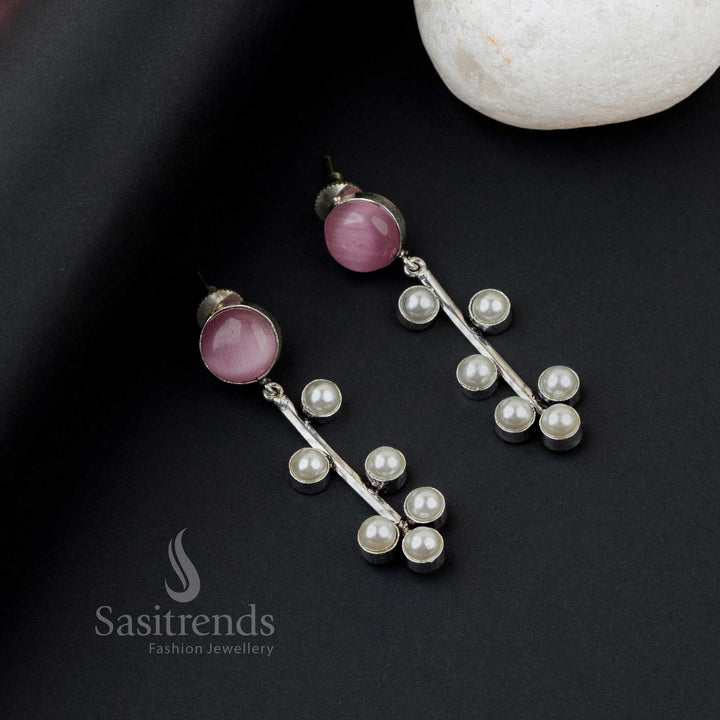 Radiant Pink Oxidised Silver Earrings With Pearl Drops And Shiny Monalisa Stones – A Delightful Fusion Wear Jewellery Piece - Sasitrends