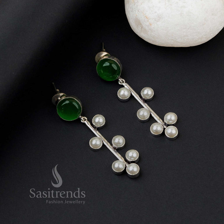 Refreshing Light Green Oxidised Silver Earrings With Sparkling Monalisa Stones And Pearl Accents – Artistic And Cultural-Inspired Jewellery - Sasitrends