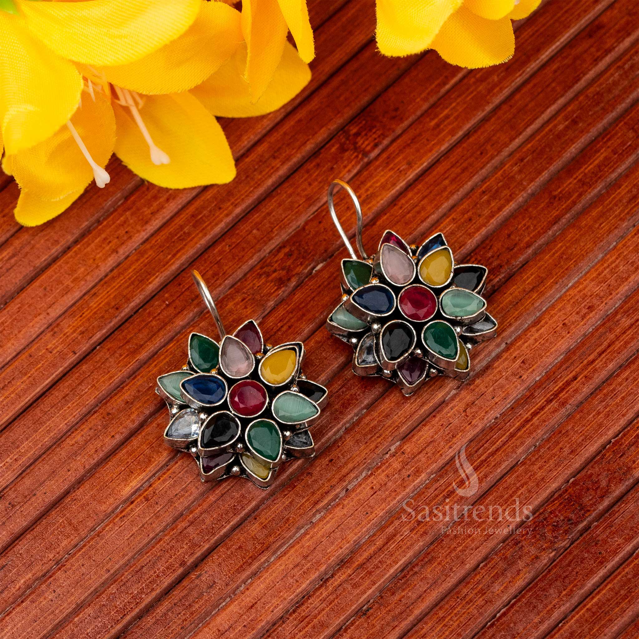 Attractive Oxidised German Silver Multi Stone Earrings