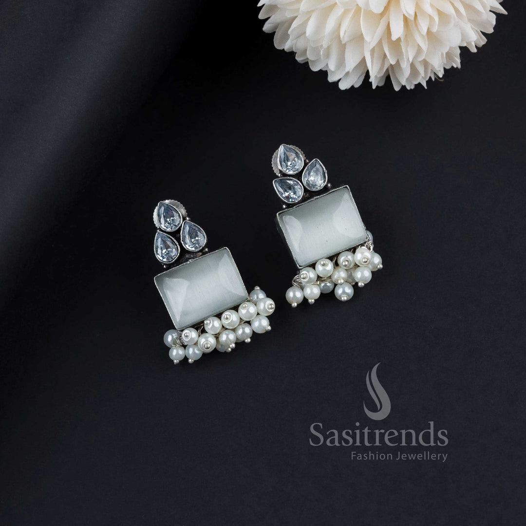 Chic White Oxidised German Silver Earrings Featuring Glittering AD Stones, Monalisa Elegance And Soft Pearl Accents – Graceful Festive Jewellery - Sasitrends