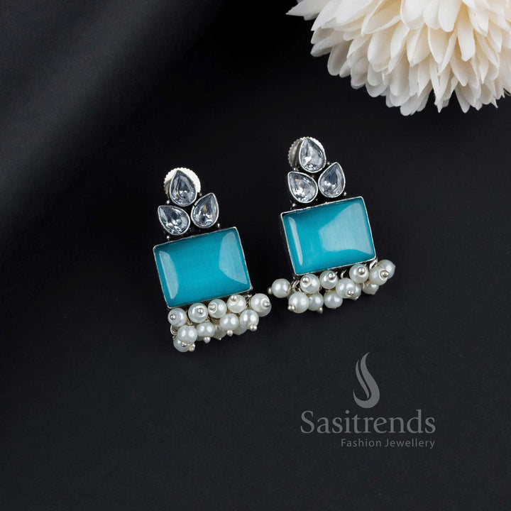 Dreamy Sky-Blue Oxidised German Silver Earrings With Lustrous Monalisa Pearls And Sparkling AD Touches – A Fresh Trendy Jewellery Piece - Sasitrends