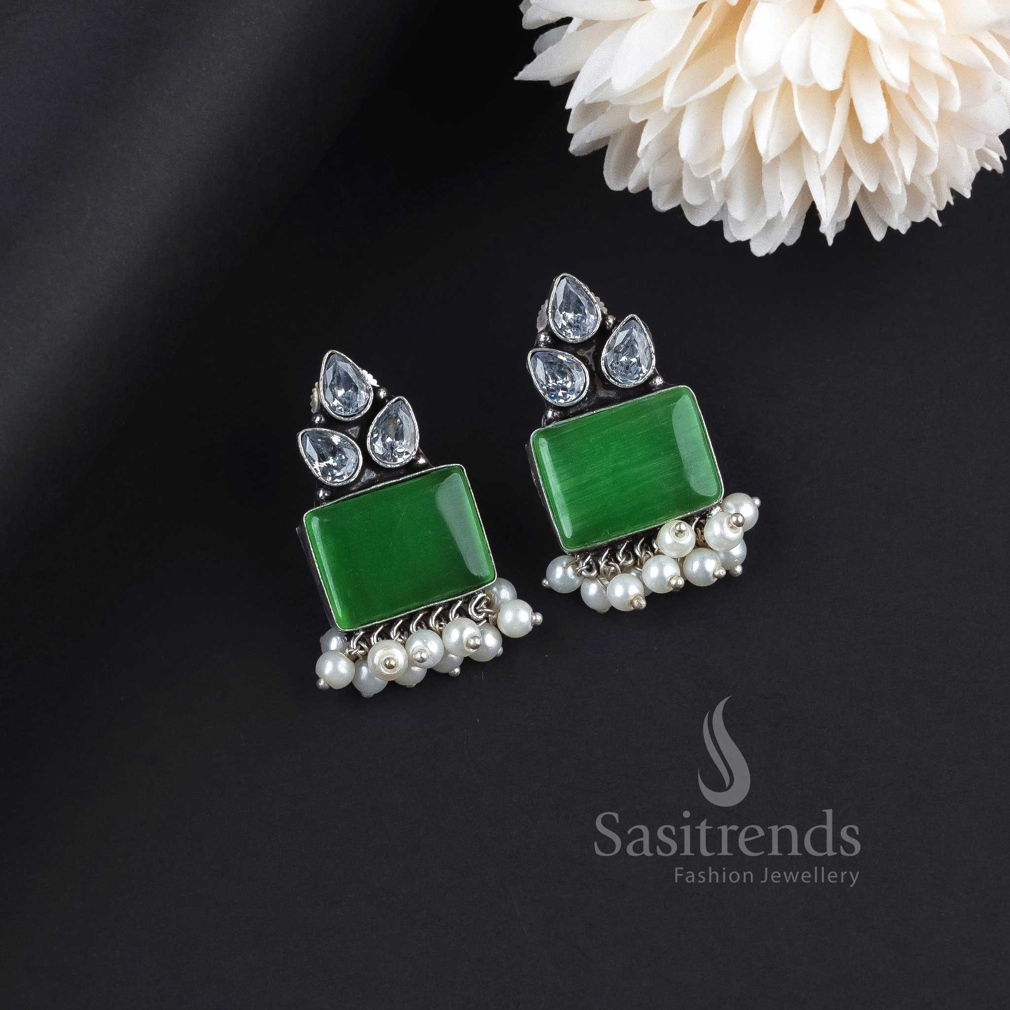 Elegant Light Green Oxidised German Silver Earrings Highlighted With Monalisa Glow, AD Sparkle And Pearl Drops – Trendy Cultural Jewellery For Occasions - Sasitrends