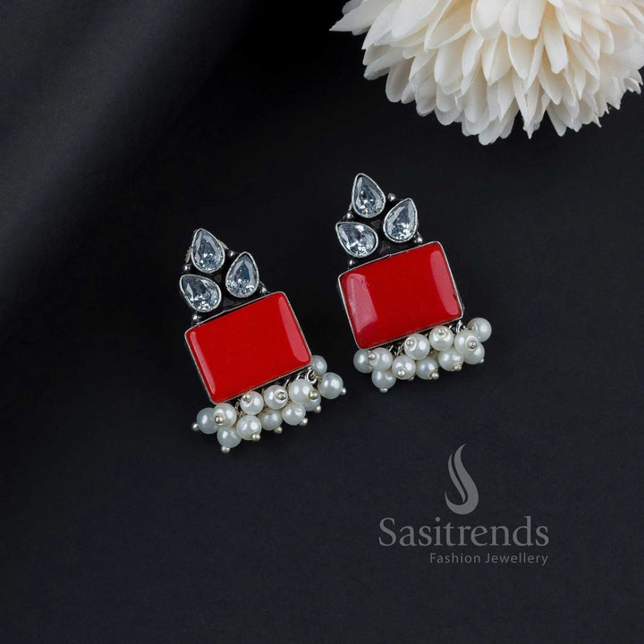 Fiery Red Oxidised German Silver Earrings With Stunning Monalisa Stones, Sparkling AD And Pearl Drops – Stylish Traditional Jewellery For Special Moments - Sasitrends