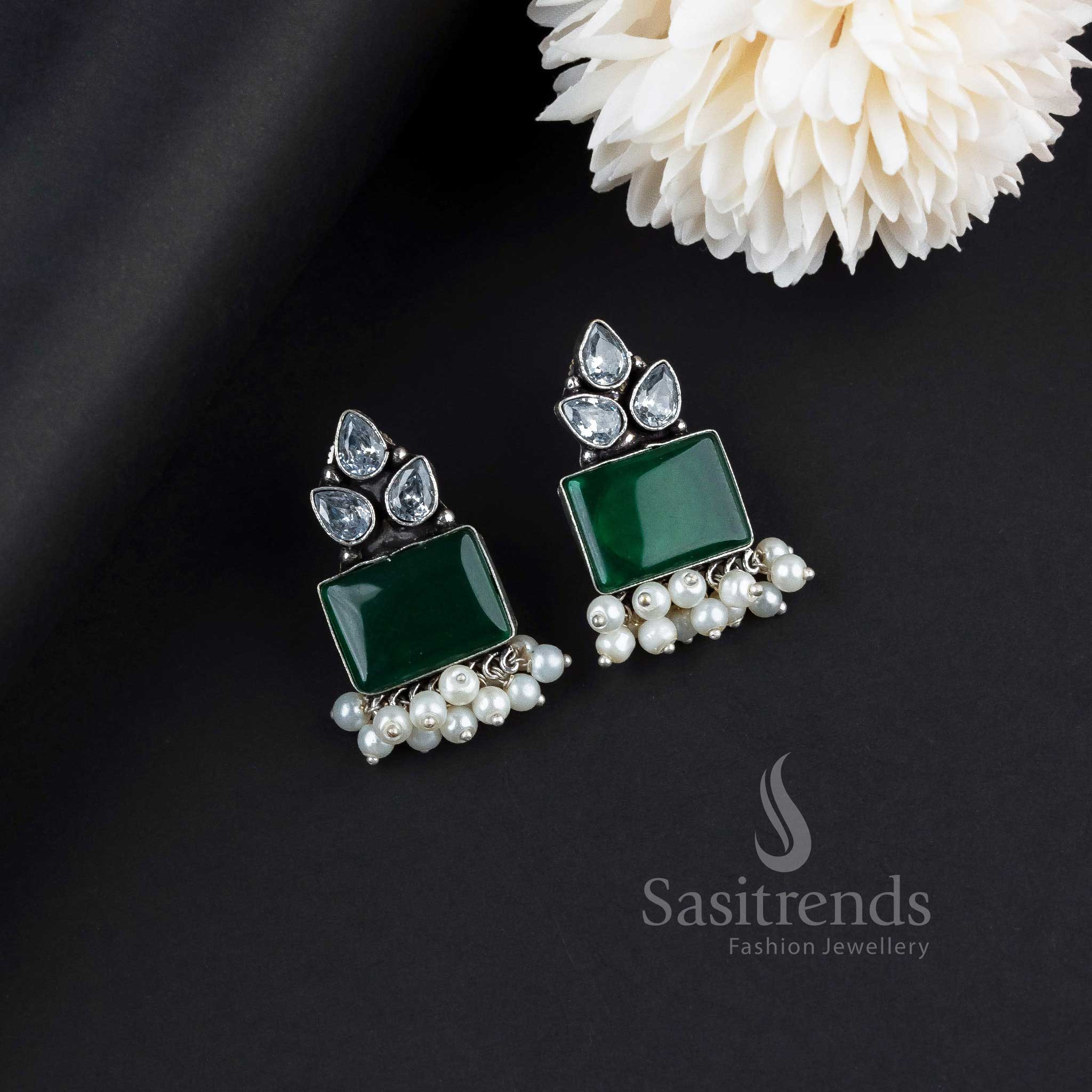 Regal Dark Green Oxidised German Silver Earrings With Shimmering AD And Monalisa Stones Accompanied By Subtle Pearl Touches – Temple Wear Jewellery - Sasitrends