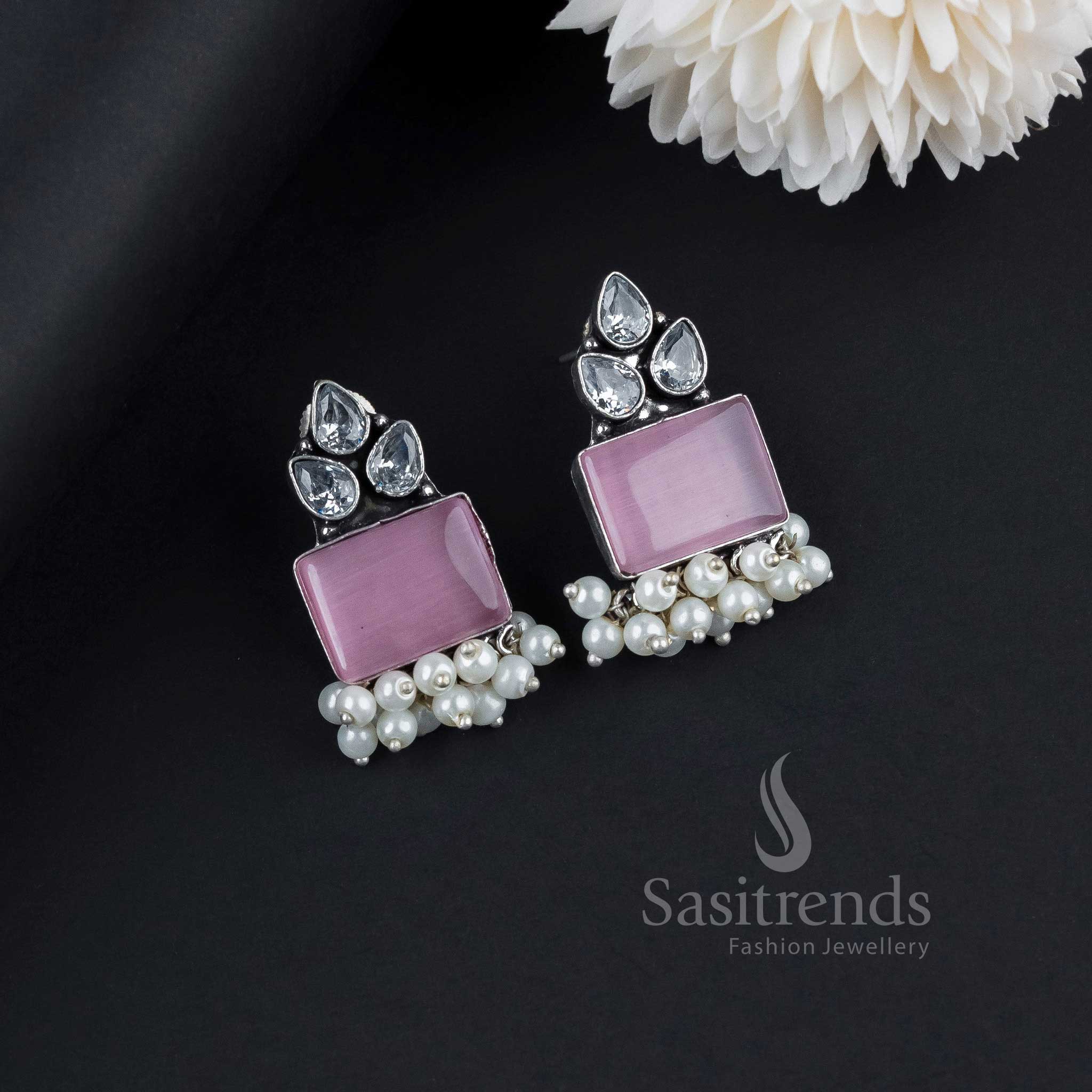 Romantic Pink Oxidised German Silver Earrings Featuring Radiant Monalisa Stones, Decorative AD And Pearl Hangings – Fusion Style Jewellery For Contemporary Looks - Sasitrends