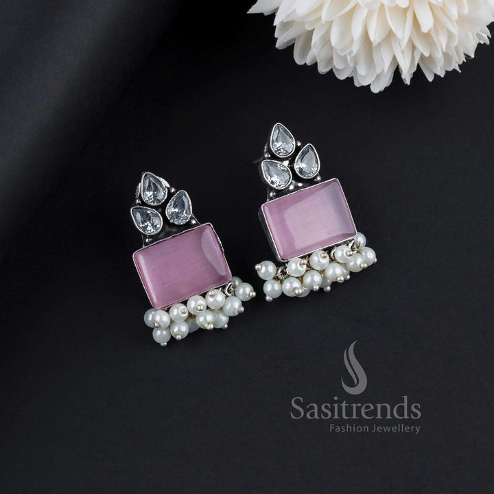 Romantic Pink Oxidised German Silver Earrings Featuring Radiant Monalisa Stones, Decorative AD And Pearl Hangings – Fusion Style Jewellery For Contemporary Looks - Sasitrends