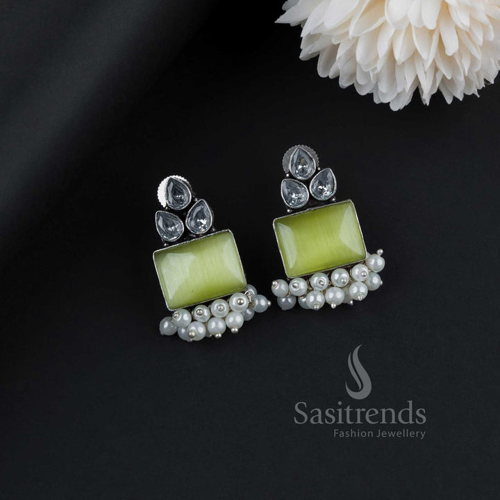 Stylish Mint Green Oxidised German Silver Earrings Embellished With Monalisa Gems, Glittering AD Stones And Pearl Drops – A Fusion Fashion Jewellery Marvel - Sasitrends