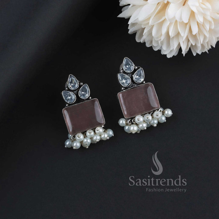 Subtle Peach Oxidised German Silver Earrings With Decorative AD Details, Elegant Monalisa Stones And Dangling Pearls – Casual Chic Jewellery For Graceful Looks - Sasitrends