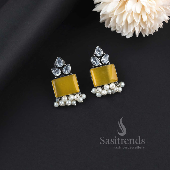 Sunny Yellow Oxidised German Silver Earrings With Sparkling AD Stones, Monalisa Shine And Pearl Beauty – A Delightful Festive Jewellery Choice - Sasitrends